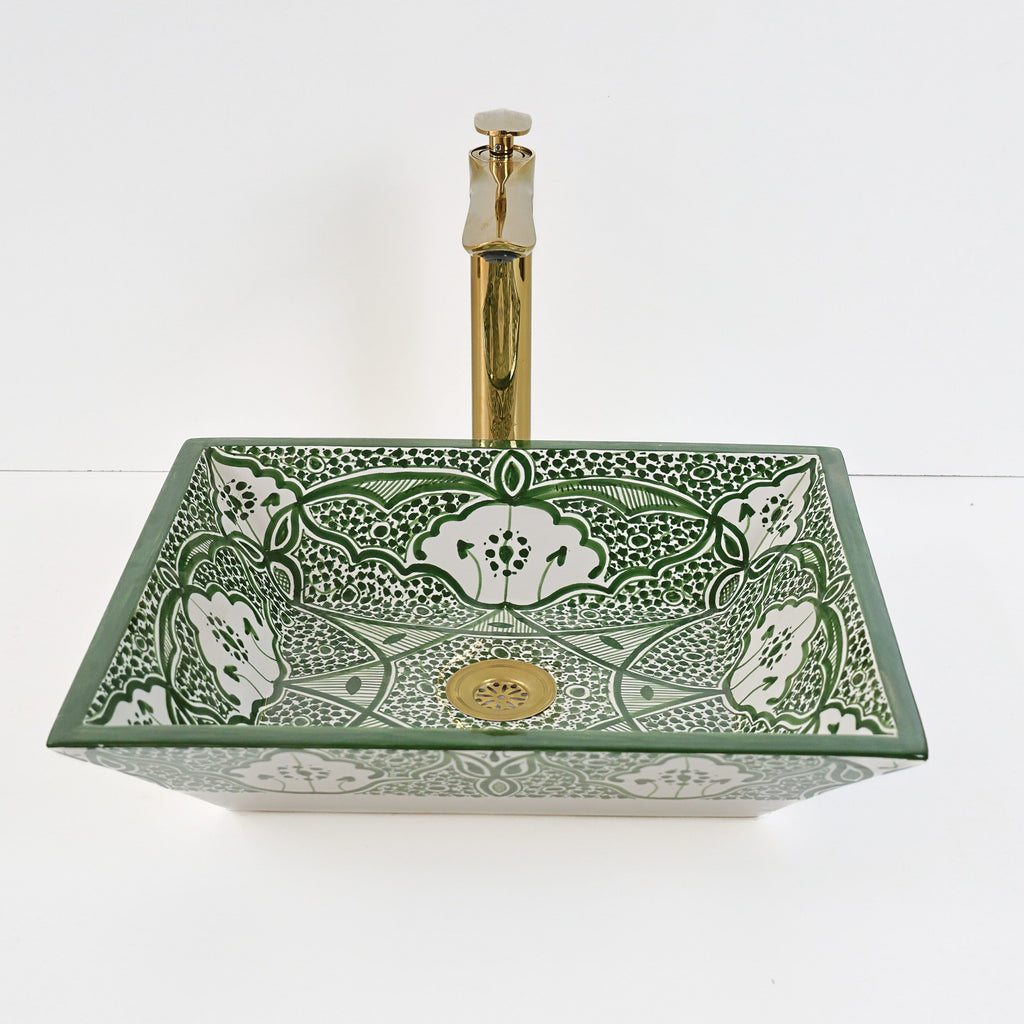 Lavabo artisanal marocain en céramique peint à la main, couleur vert émeraude.
