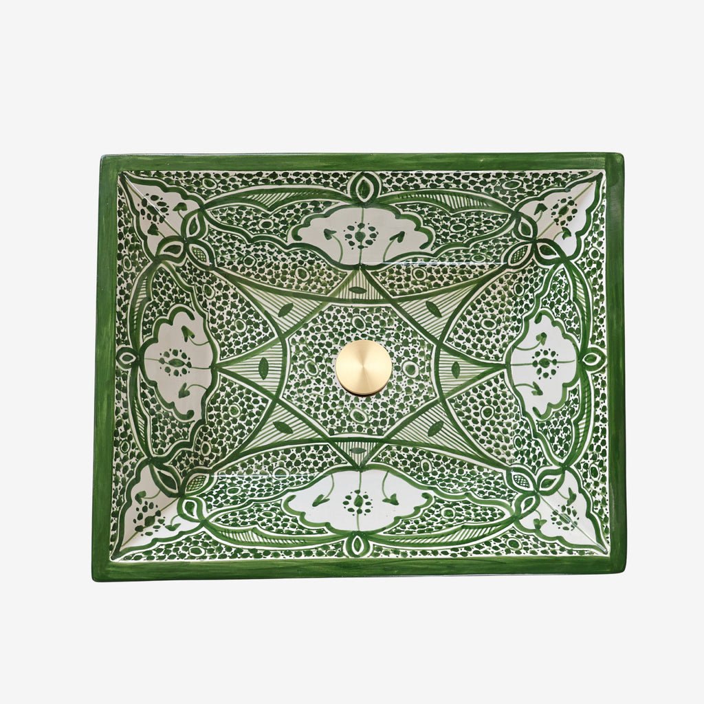 Lavabo artisanal marocain en céramique peint à la main, couleur vert émeraude.
