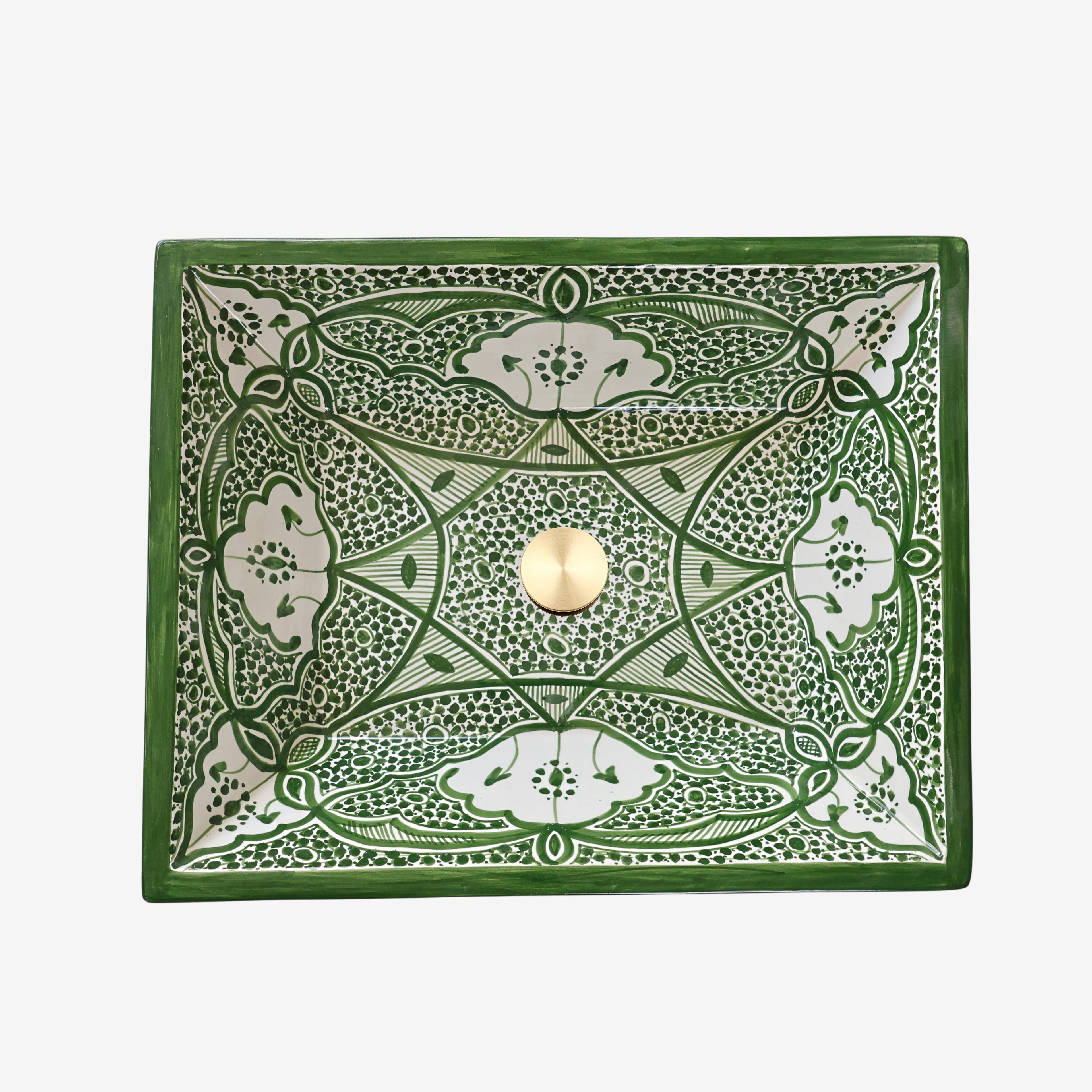Lavabo artisanal marocain en céramique peint à la main, couleur vert émeraude.
