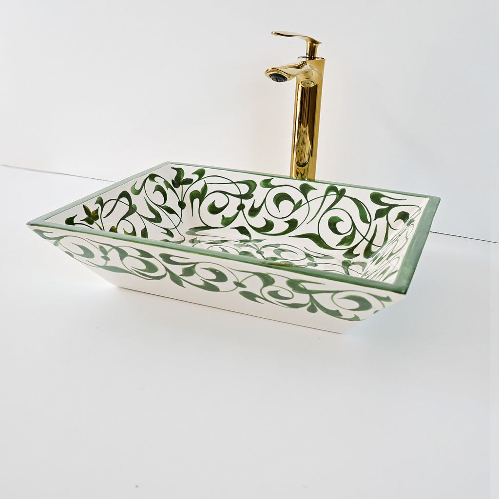 Vasque à poser vert en céramique brillante, design luxueux pour salle de bain moderne Casablanca.