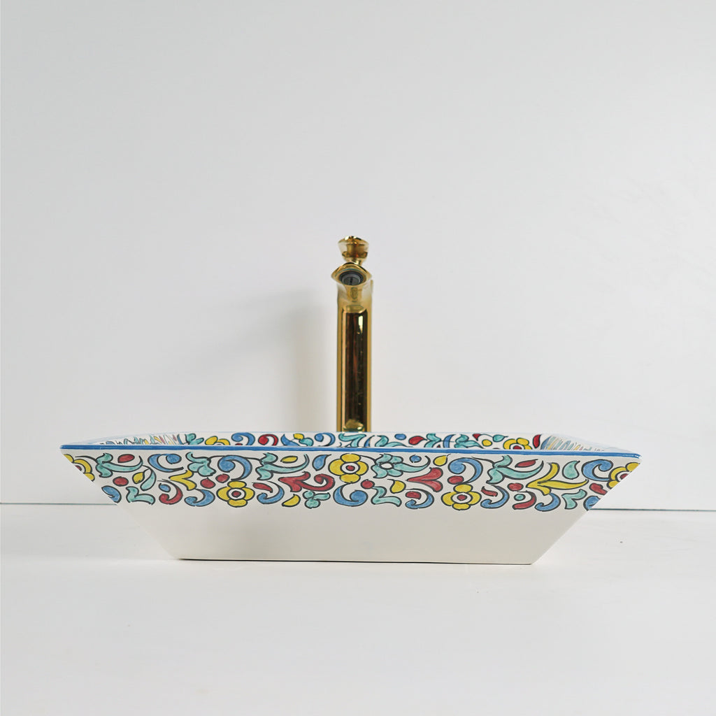 Vasque céramique peinte à la main motifs colorés, décoration artisanale Maroc.