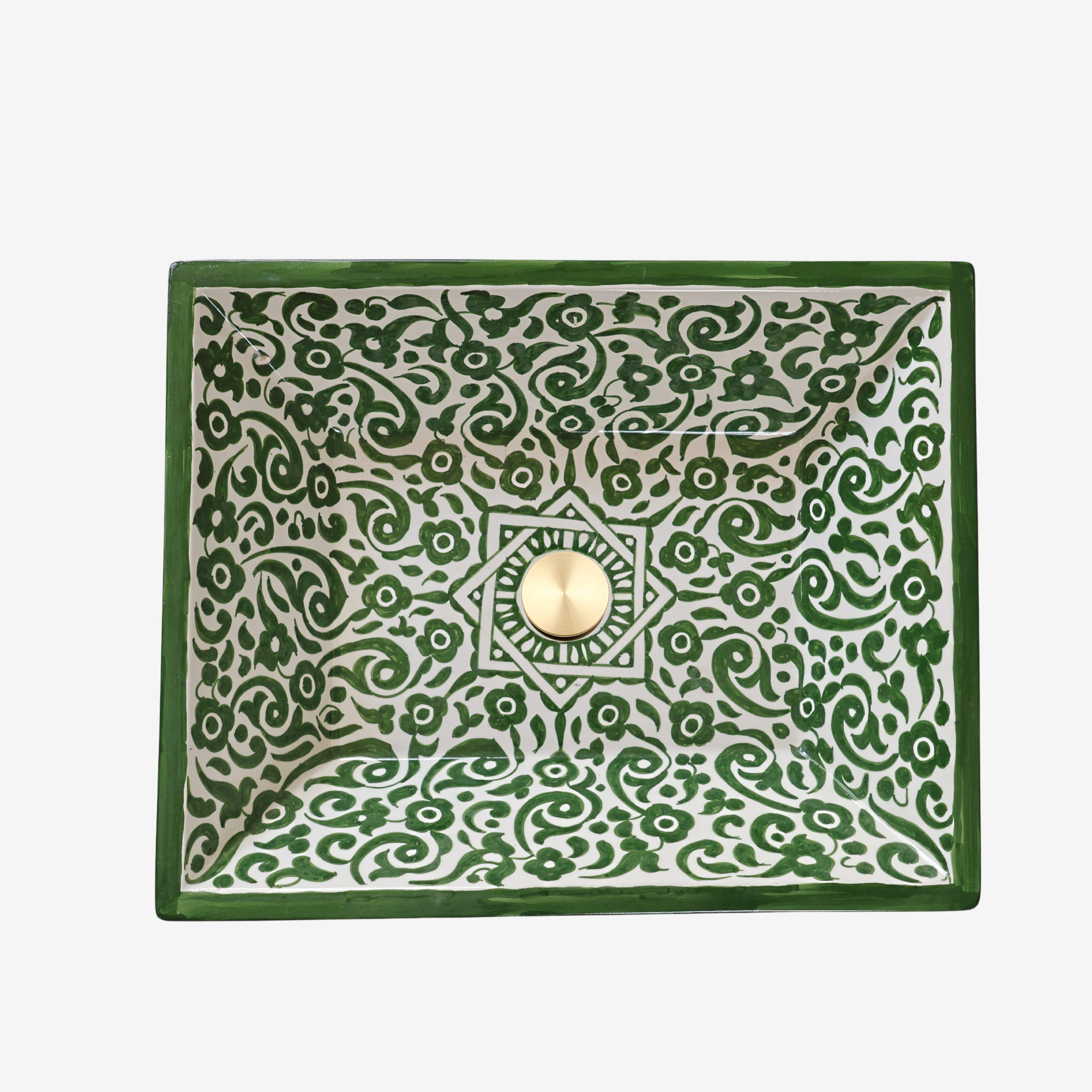Vasque en Vert et blanc motif de Fleurs, lavabo authentique pour Riad.