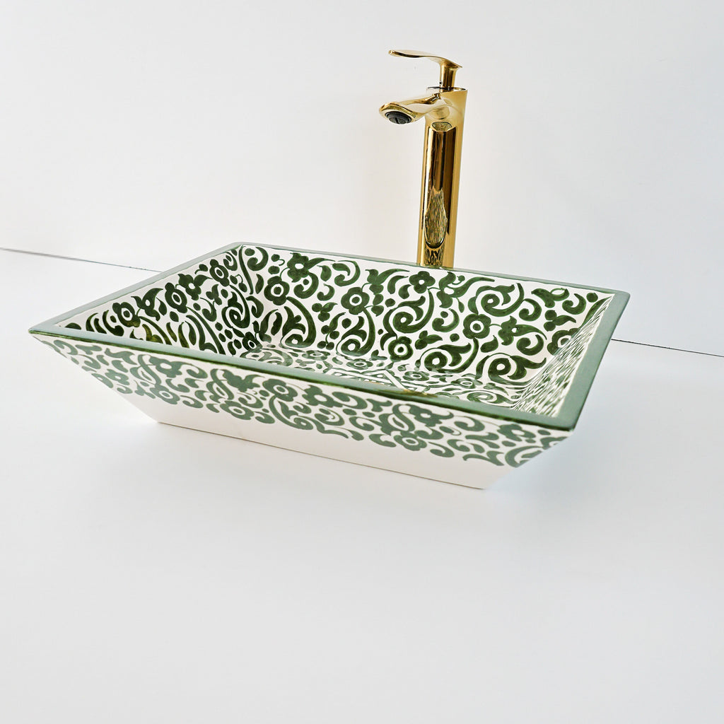 Vasque en Vert et blanc motif de Fleurs, lavabo authentique pour Riad.