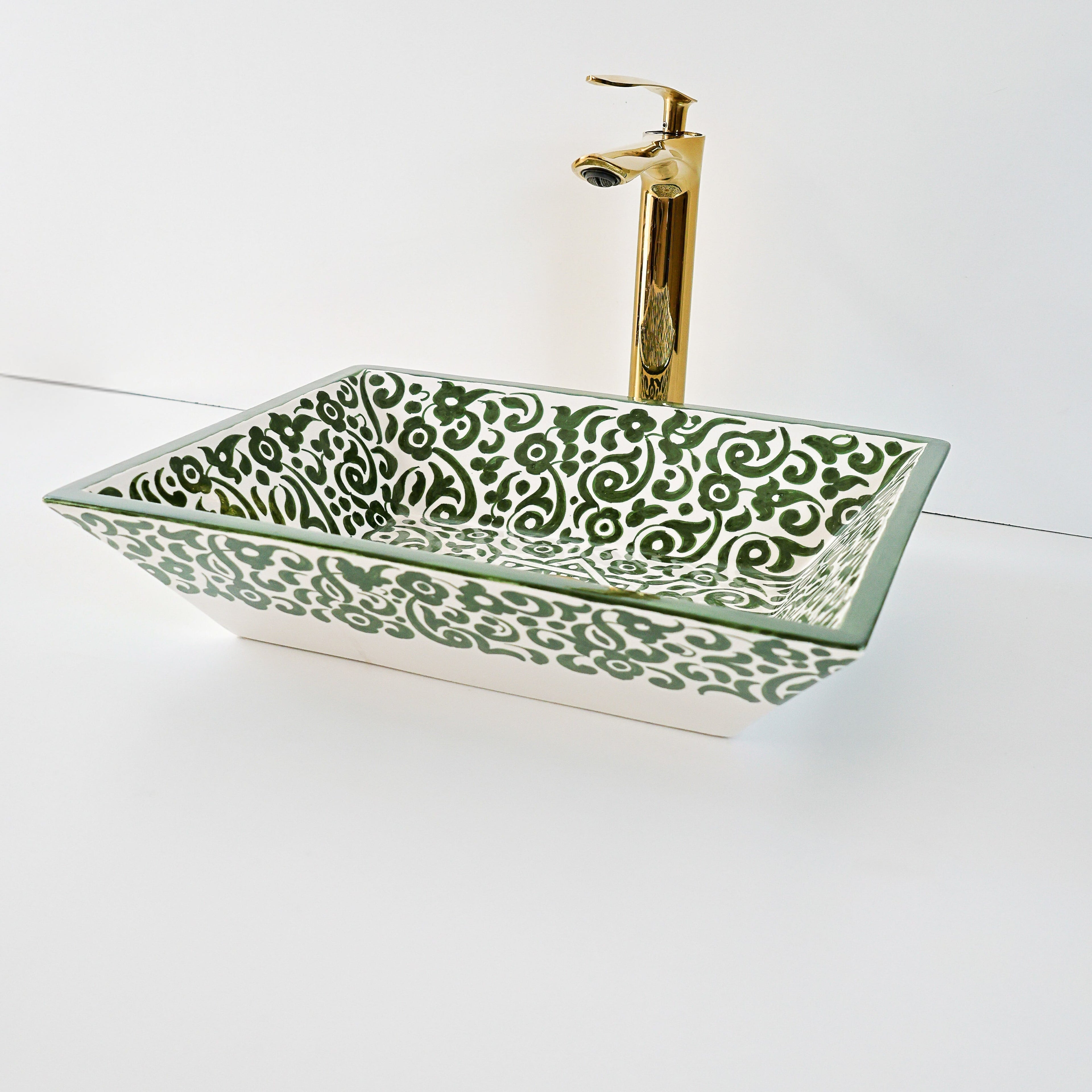 Vasque en Vert et blanc motif de Fleurs, lavabo authentique pour Riad.