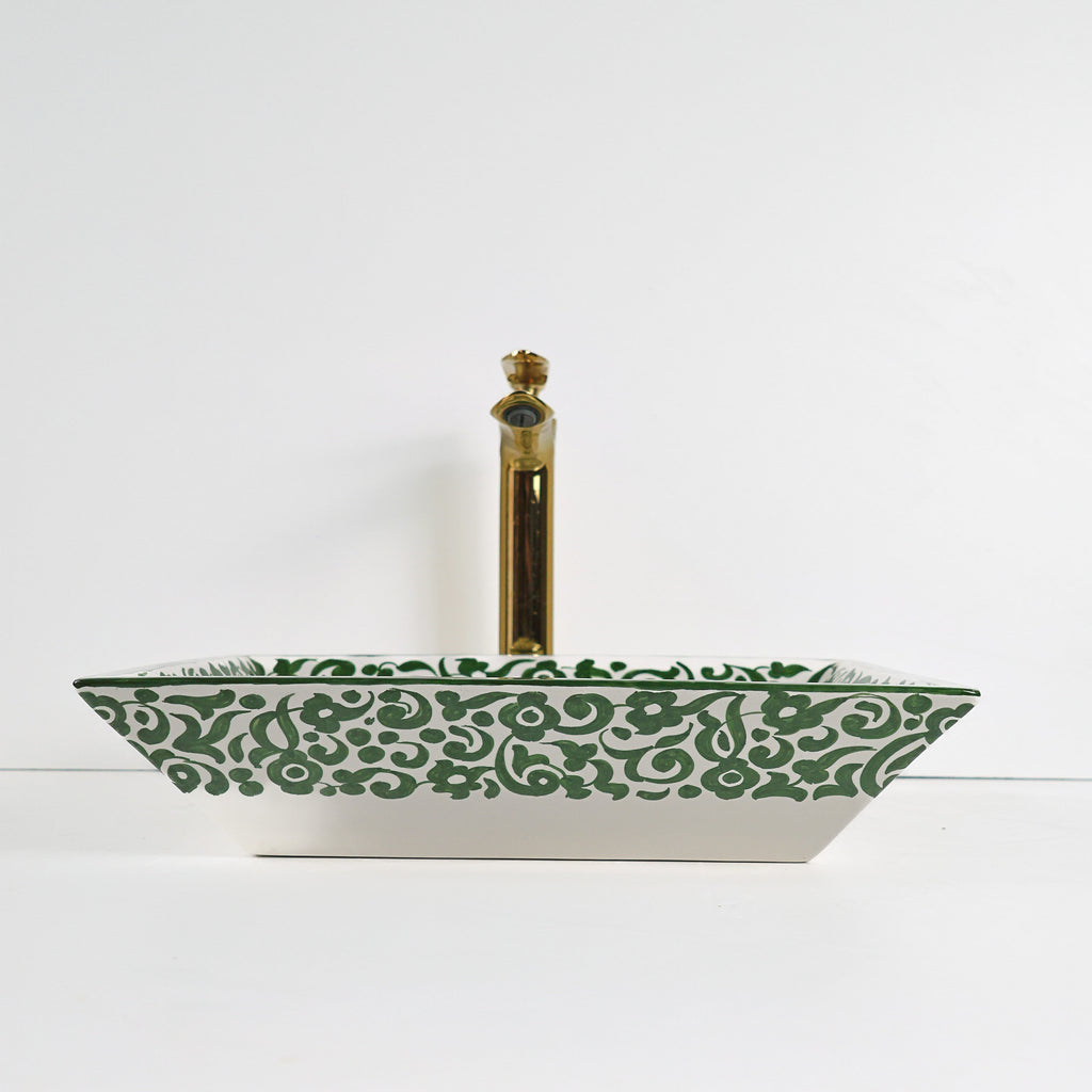 Vasque en Vert et blanc motif de Fleurs, lavabo authentique pour Riad.