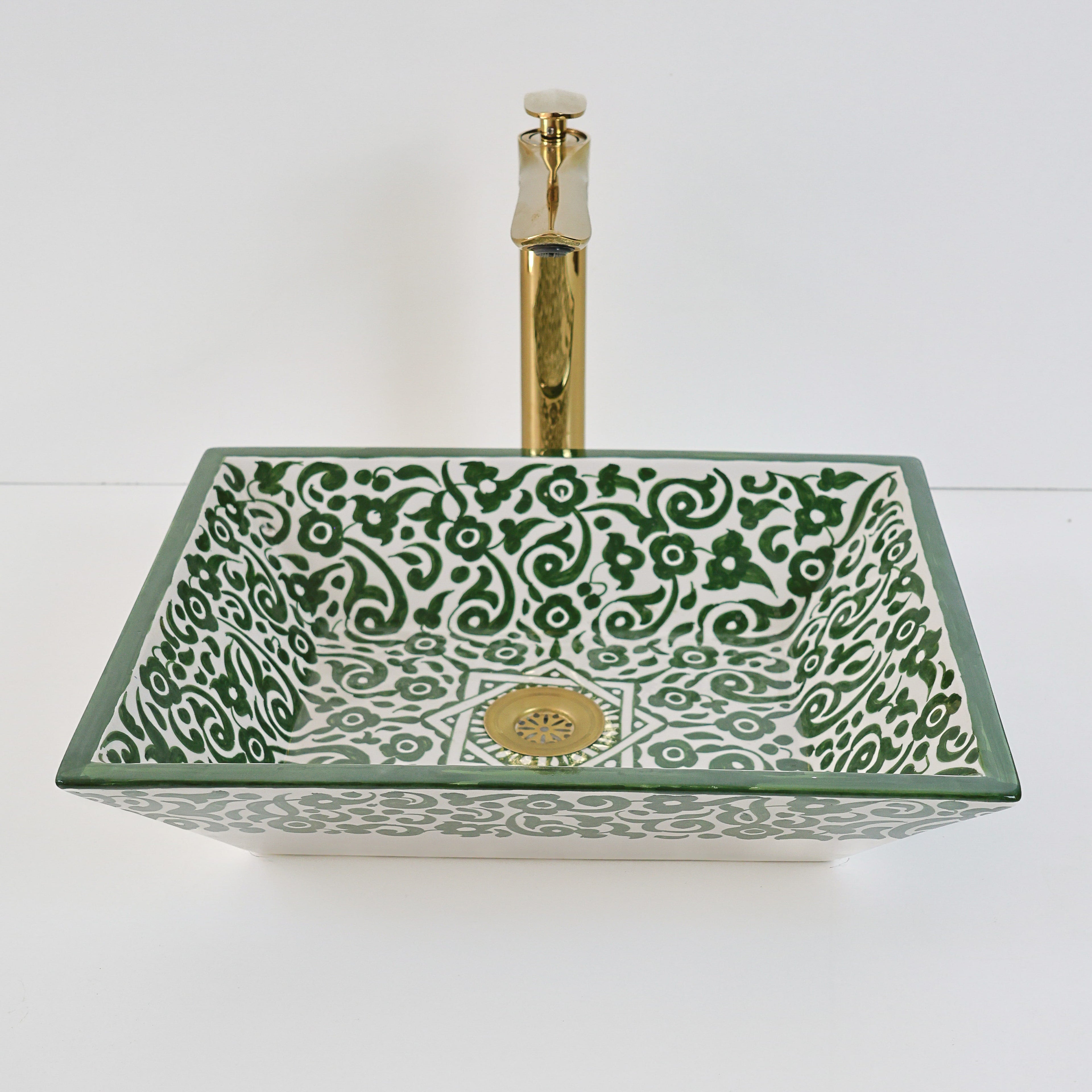 Vasque en Vert et blanc motif de Fleurs, lavabo authentique pour Riad.